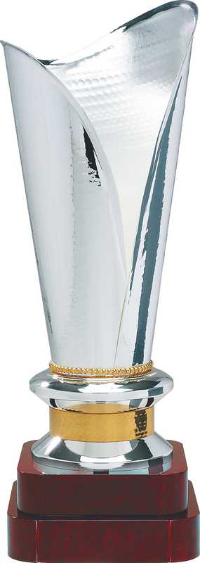 Acabado satinado plateado – Detalles dorados Trofeo hecho a mano Base de madera de 2 pisos